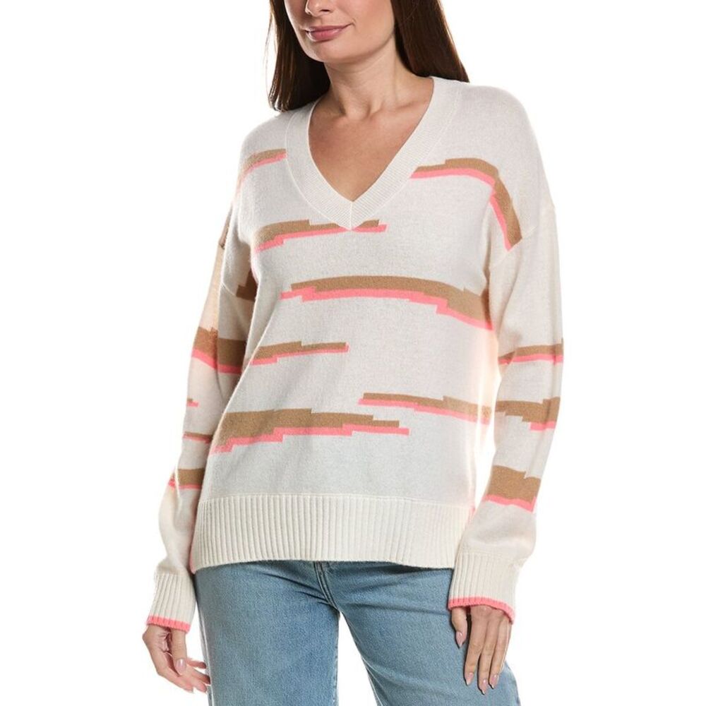 Brodie Cashmere Womens Glitch Zebra V-Neck 100% Cashmere Sweater, White